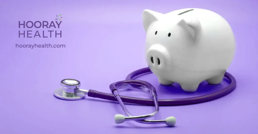 White piggy bank in front of a purple background and wrapped in a purple stethoscope